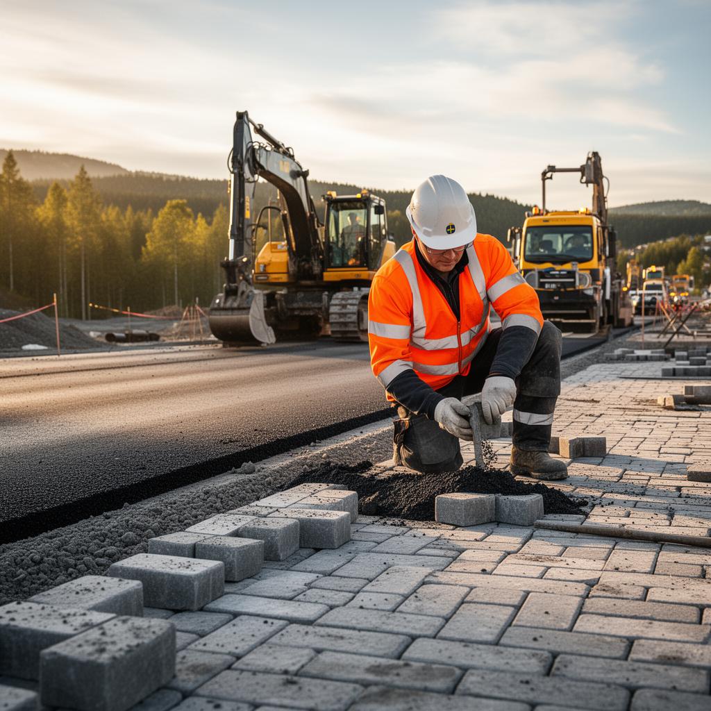 Anläggare i orange varselväst lägger kantsten på vägprojekt i Mellansverige