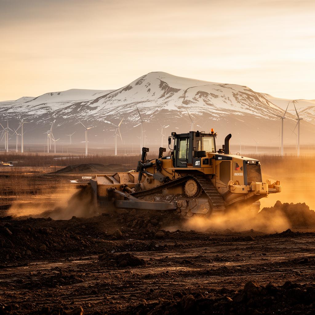 Bandtraktor planar terrass på vägprojekt i Norrland med fjäll i bakgrunden