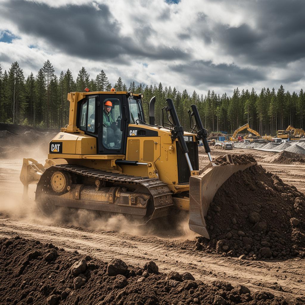 Caterpillar bandtraktor i arbete med massflyttning på skogsmark i Värmland