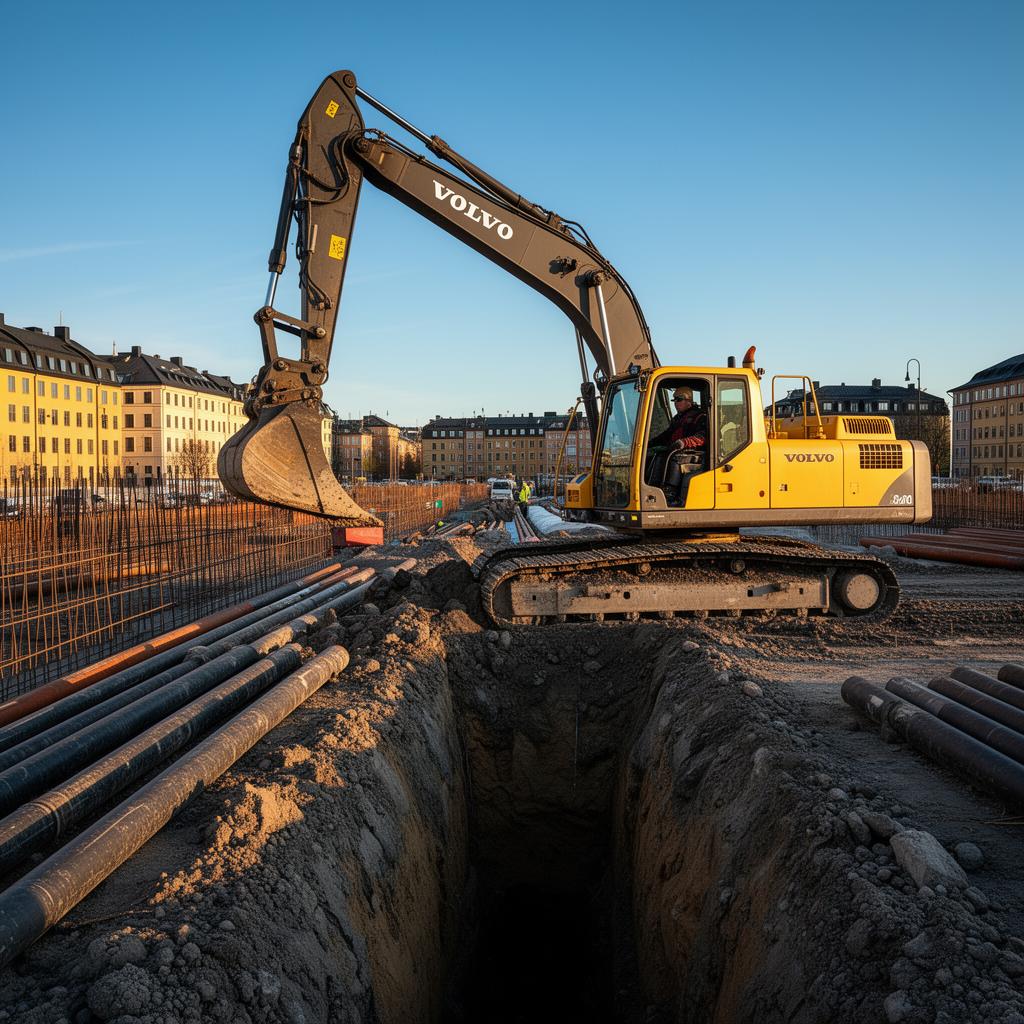 Volvo larvburen grävmaskin schaktar för VA-ledningar i centrala Stockholm