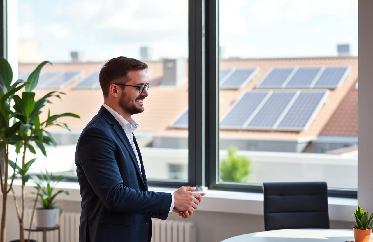 Säljare inom förnybar energi i ljust kontor med solpaneler och vindkraftverk utanför fönstret i Örebro